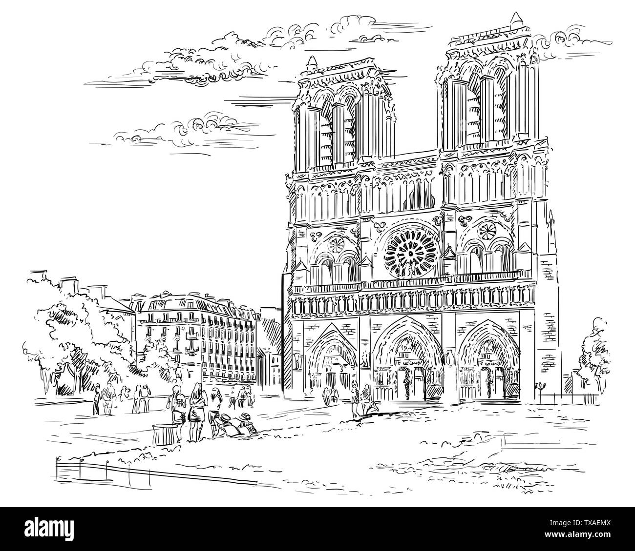 Vector Illustration dessin de la cathédrale Notre-Dame (Paris, France). Monument de Paris. Vue urbaine avec la Cathédrale Notre Dame. Dessin vectoriel Illustration de Vecteur