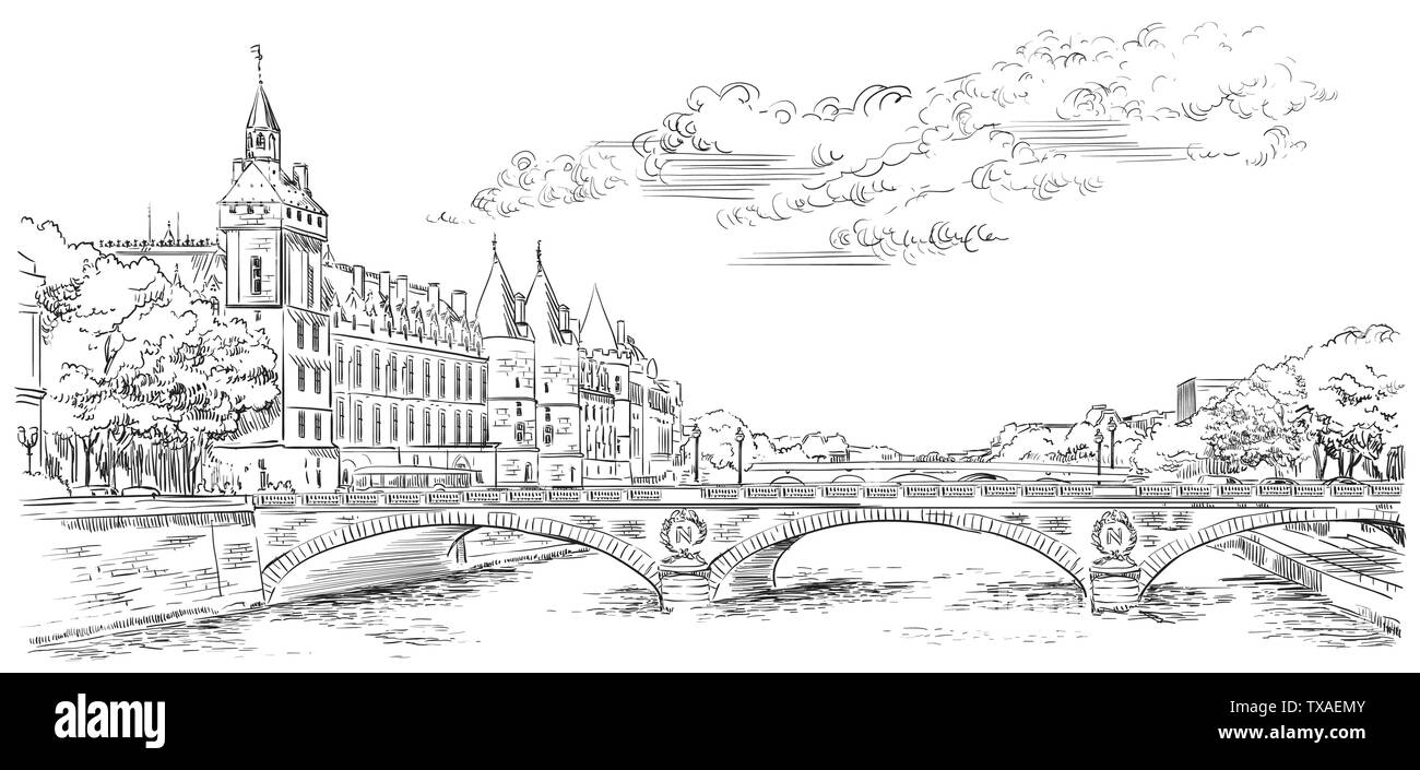 Dessin à la main vecteur Illustration de l'église de conciergerie (Paris, France). Monument de Paris. Paysage urbain panoramique avec Conciergerie et Saint Mi Illustration de Vecteur