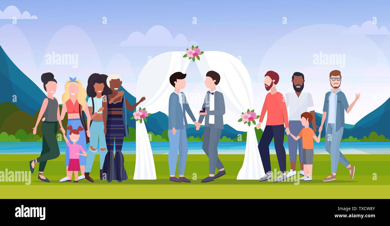 Deux jeunes mariés gays debout derrière l'arche florale même l'heureux mariage de famille homosexuels mariés célébrant paysage concept plein d'arrière-plan Illustration de Vecteur
