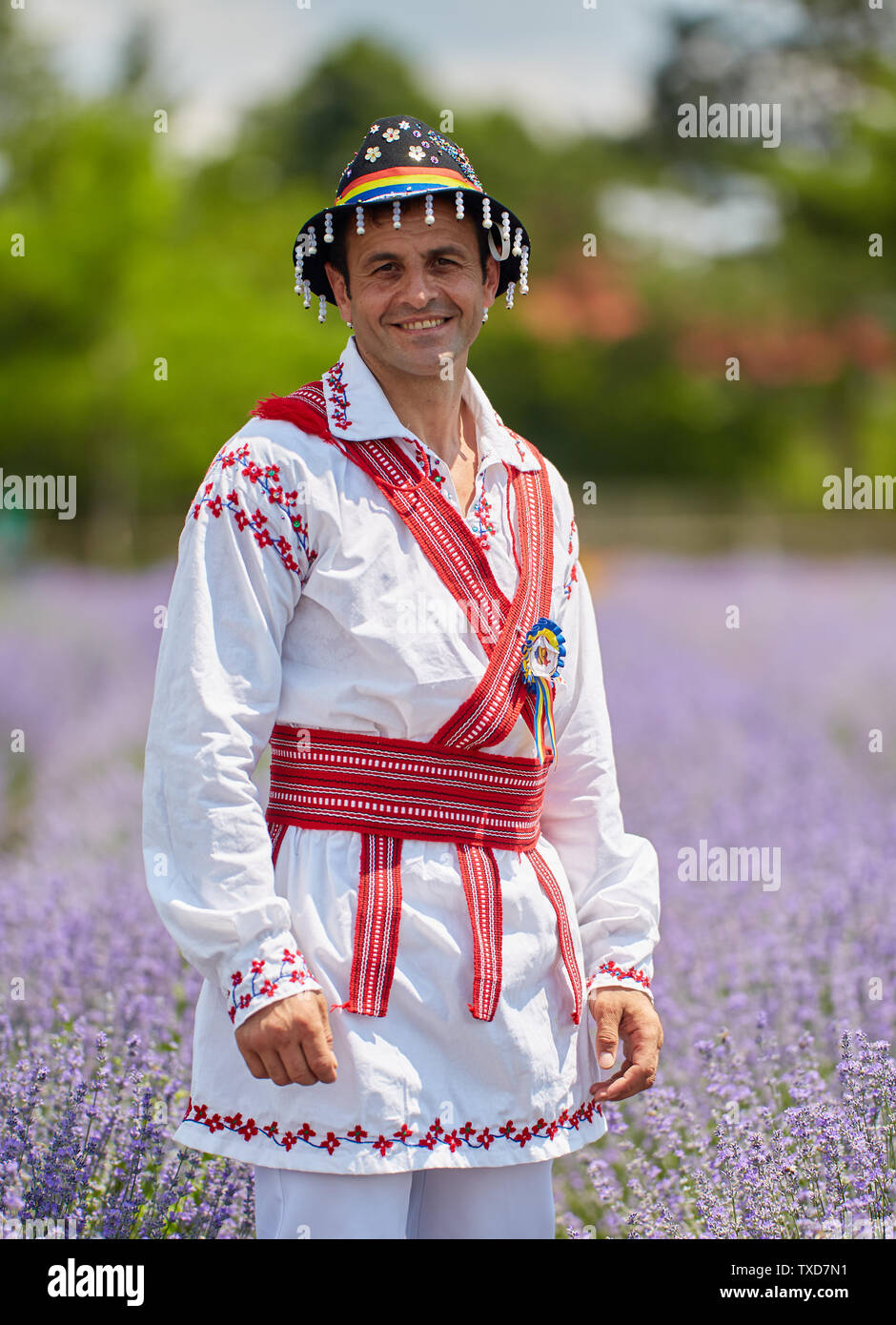 L'homme en costume traditionnel roumain dans un champ de lavande Photo  Stock - Alamy
