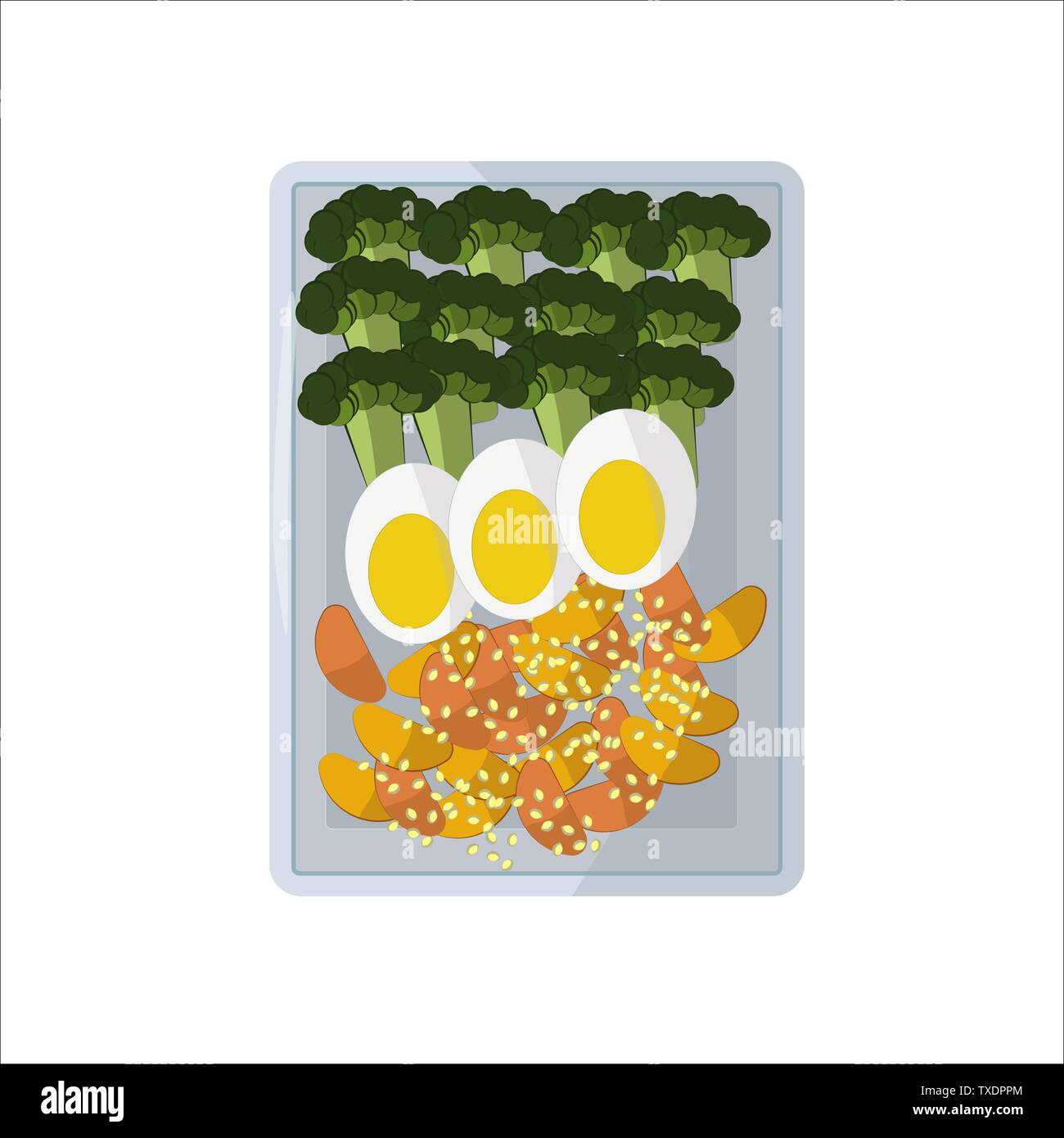 Les images vectorielles de la nourriture. Tranches de légumes sur une plaque rectangulaire blanche. Le brocoli, les moitiés d'oeufs vert, les pommes, les graines de sésame. Pour les icônes dans la Illustration de Vecteur