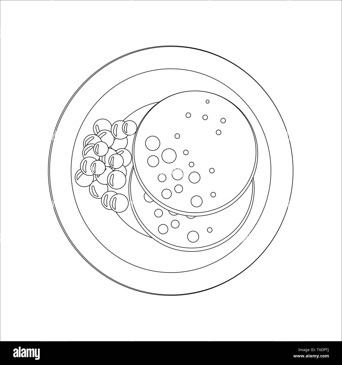 Les images vectorielles de la nourriture. Le petit-déjeuner sur une assiette. Deux crêpes ronde et une poignée de bleuets. Le noir et blanc. La page de coloriage Illustration de Vecteur