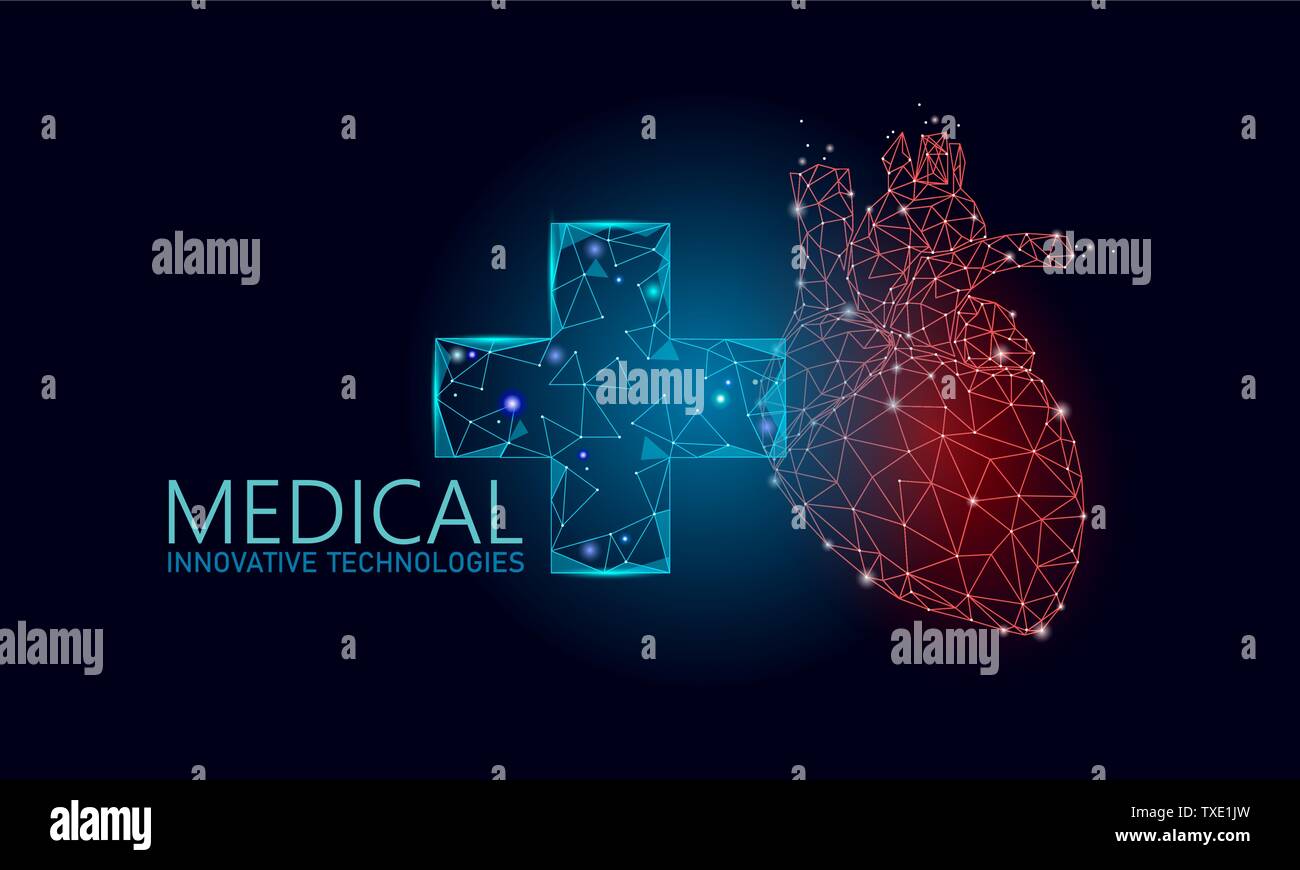 Croix médicale 3d coeur humain en bonne santé. Modèle médecine poly faible. Médecin en ligne concept. Consultation médicale à l'app. Le diagnostic de santé Web moyenne géométrique Illustration de Vecteur