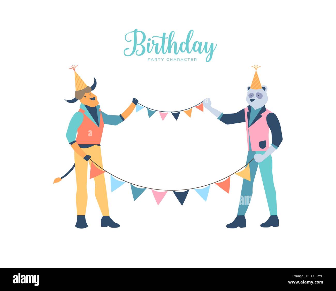 Célébration anniversaire télévision concept de l'affiche. Les caractères vectoriels décorant avec drapeaux et guirlandes. L'organisation d'amis B-Day fête surprise. La métaphore animale pour les collègues. Panda humanisé et bull Illustration de Vecteur
