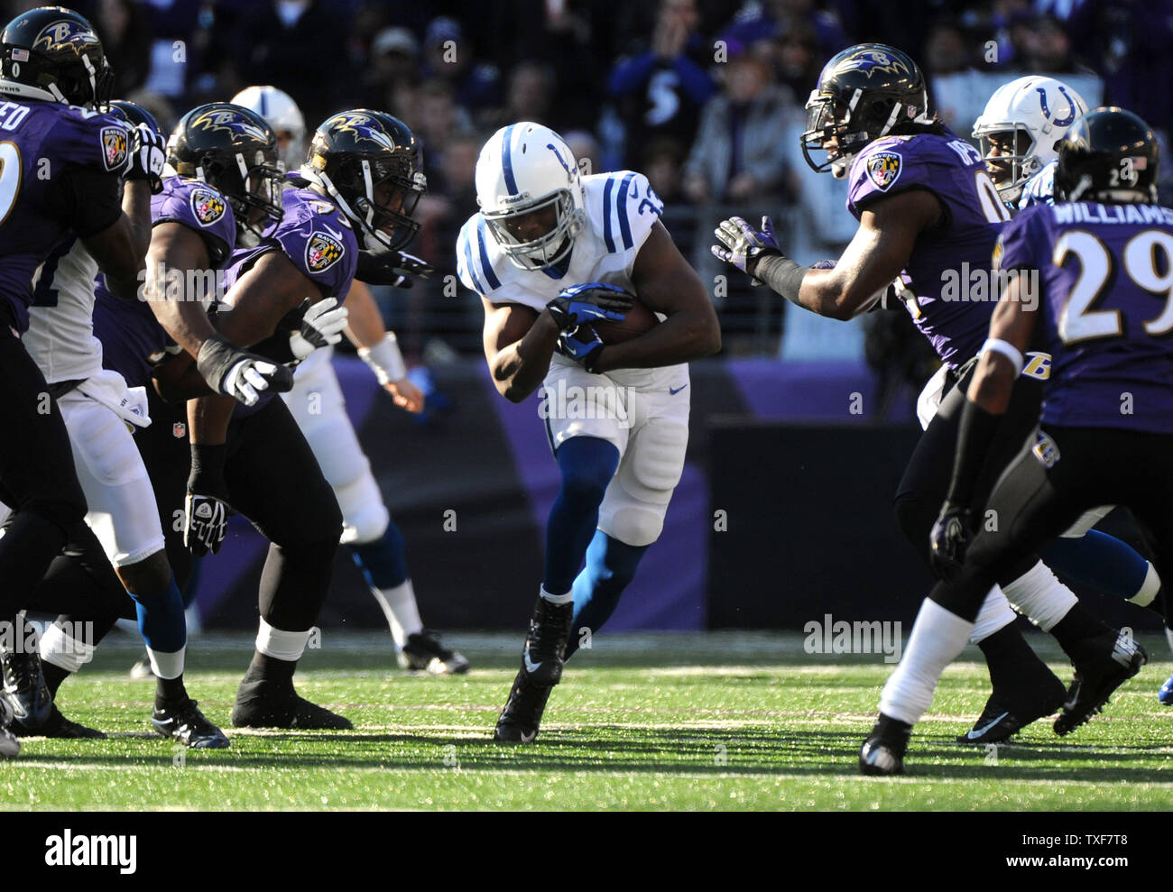 Indianapolis Colts Vick Ballard running back court contre le Baltimroe Les corbeaux au cours du deuxième trimestre à la M&T Bank Stadium au cours de l'AFC Wild Card round à Baltimore, Maryland, le 6 janvier 2013. UPI/Kevin Dietsch Banque D'Images