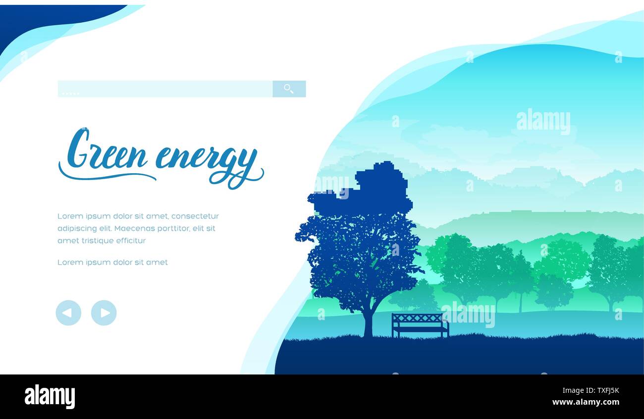 Vecteur de l'énergie verte landing page modèle. Village agricole respectueux de l'écologie, les bandeaux web télévision mise en page. L'avenir écologique, la protection de l'environnement. La journée de l'arbre. Nature Paysage paisible illustration minimaliste Illustration de Vecteur