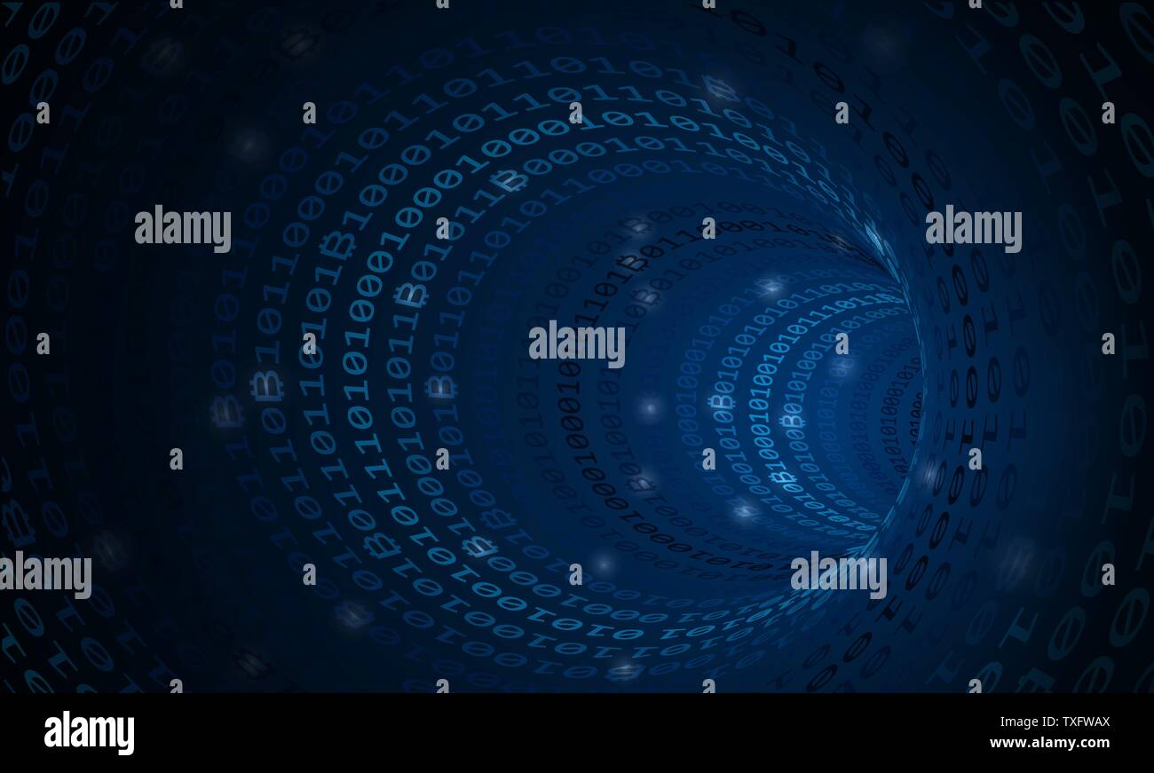 Devise crypto Bitcoin recherchez en code binaire tunnel, cyber espace, vector Illustration de Vecteur