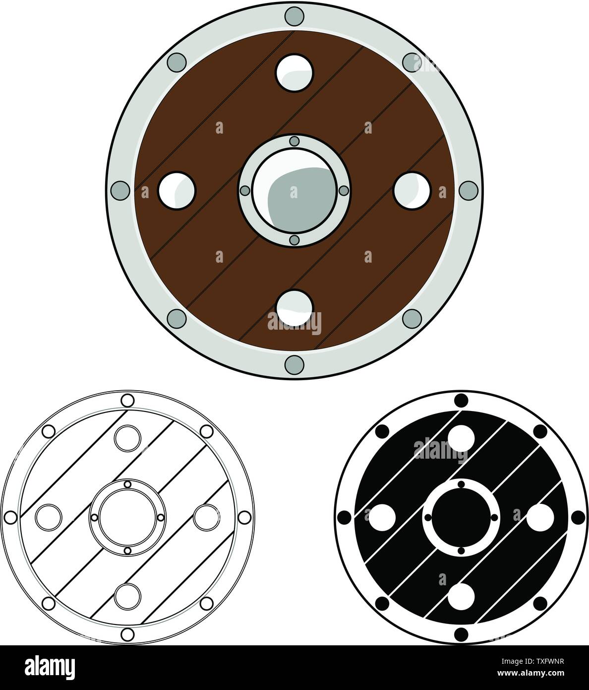 Cartoon Bouclier cercle isolé sur fond blanc. L'équipement du cavalier. Les éléments de l'aventure. Vector illustration pour votre conception, Jeu, Carte, Web. Illustration de Vecteur