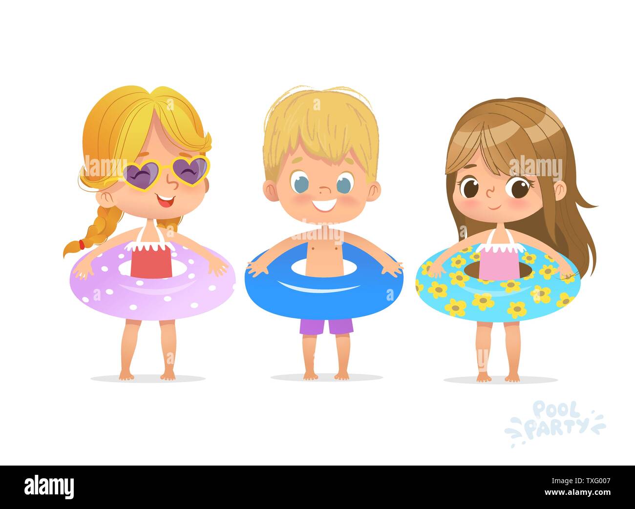 Pool Party Time sur la natation Vacances. Funny Girl en lunettes de soleil. L'exercice de natation Festival. Vacances d'Été tropical. Belle plage isolée. Télévision Illustration de Vecteur