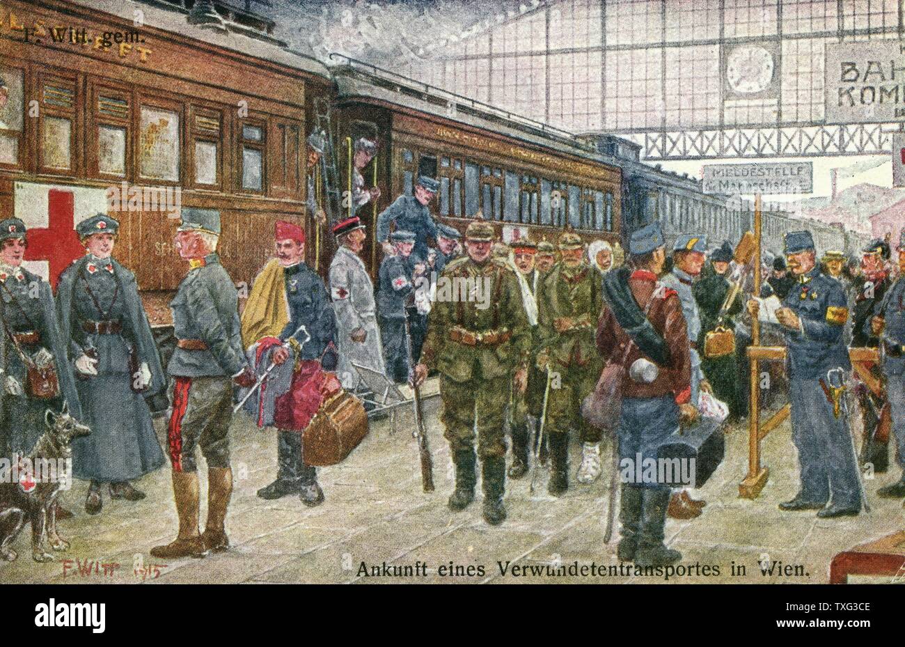 Les soldats blessés qui arrivent à Vienne, Autriche. 1916 Banque D'Images