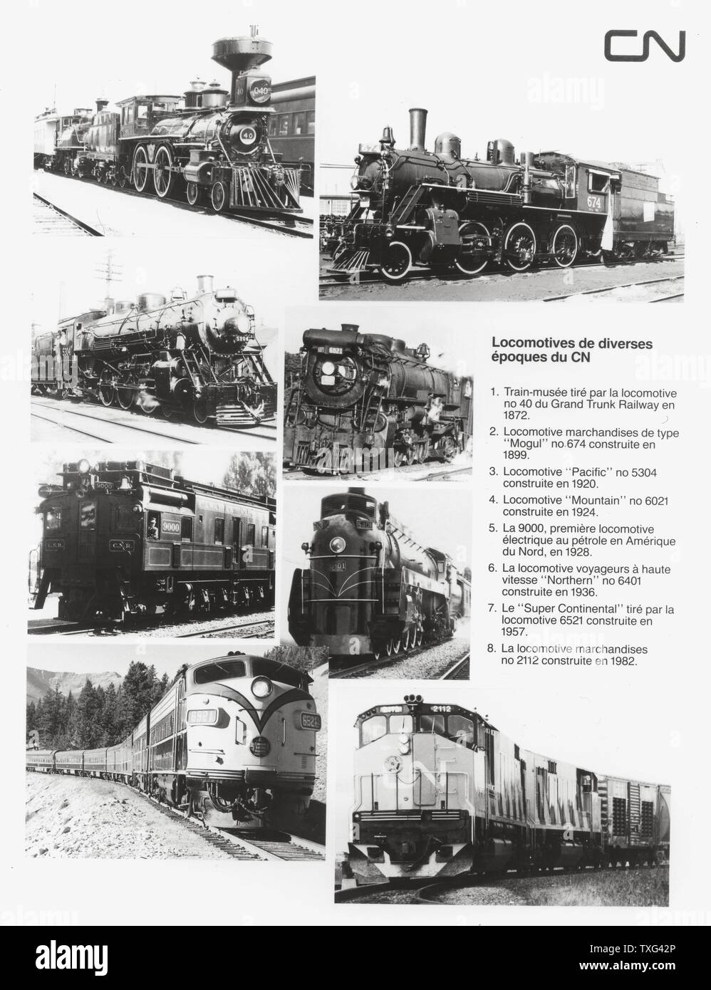 Locomotives à diverses périodes exploité par le Canadien National (CN). 1. Train musée tiré par locomotive n° 40 de la Grand Trunk Railway en 1872. 2. Type de locomotives de fret 'Mogul' n°674 construit en 1899. 3. Pacifique" n°5304 locomotive construite en 1920. 4. Mountain' n°6021 locomotive construite en 1924. 5. Le 9000, la première locomotive électrique de pétrole en Amérique du Nord, en 1928. 6. Grande vitesse 'Nord' de la locomotive no 6401 construit en 1936. 7. Le 'Super' tiré par Continental 6521 locomotive construite en 1957. 8. La locomotive de fret n°2112 a été construit en 1982. Banque D'Images