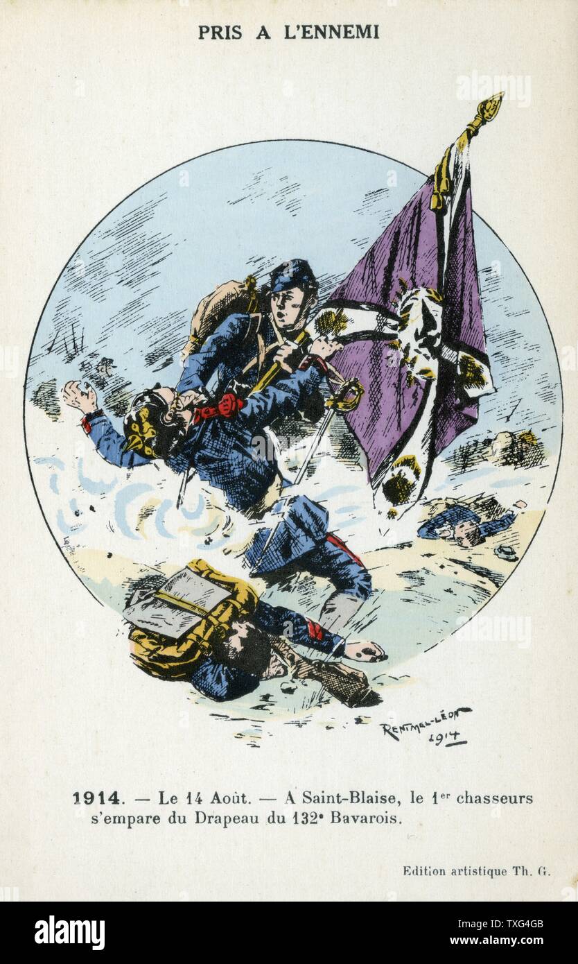 Bataille de Saint Blaise la Roche : le drapeau de la 132th régiment bavarois est pris par les Français 1er Bataillon de Jäger. 14 août 1914 Banque D'Images