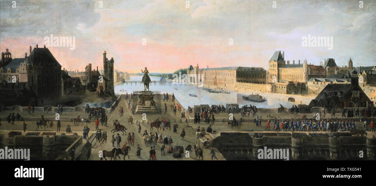 École flamande anonyme vue du Pont Neuf, Paris - Statue de Henry IV au point où le pont touche l'Île de la Cité, Le Louvre sur la droite Huile sur toile Banque D'Images