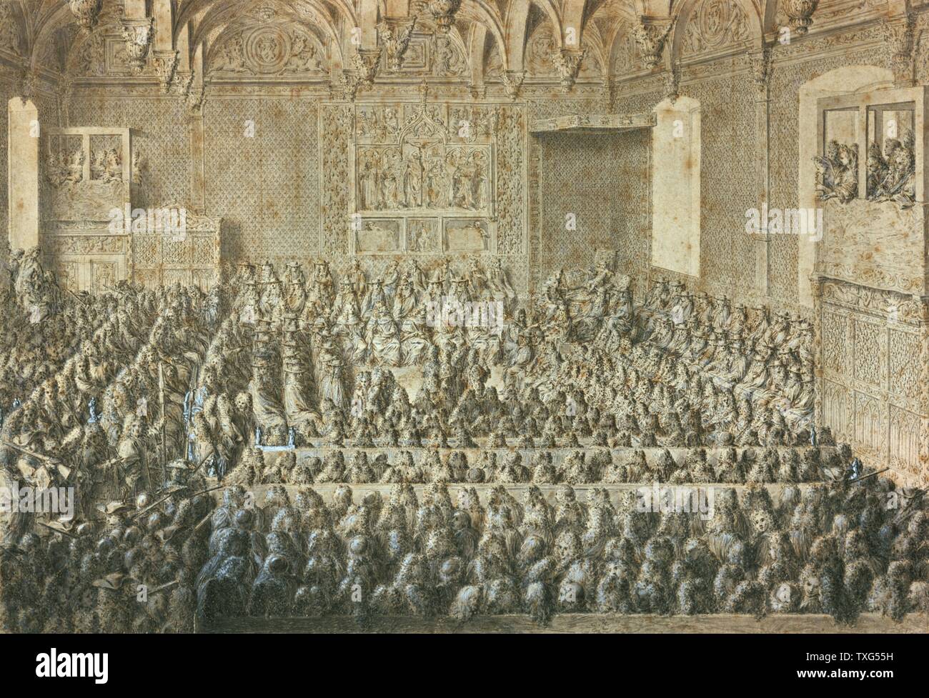 Janvier 1589, l'Assemblée de la Sorbonne Déclaration de Henry III de France un ennemi de la religion (catholique) pour le meurtre du duc et du Cardinal de Guise. Banque D'Images