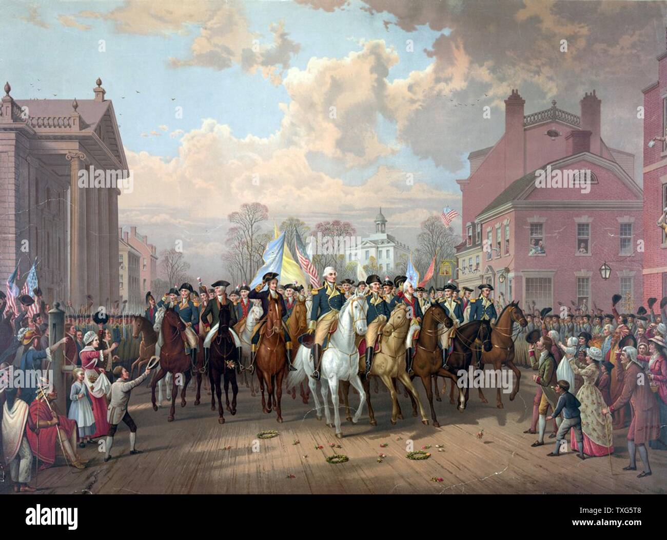 La guerre révolutionnaire de 1775-1783 (Guerre d'Indépendance américaine) : George Washington à cheval en triomphe dans les rues de Boston après 11 mois de siège a pris fin avec le retrait (évacuation) des forces britanniques chromolithographie Banque D'Images