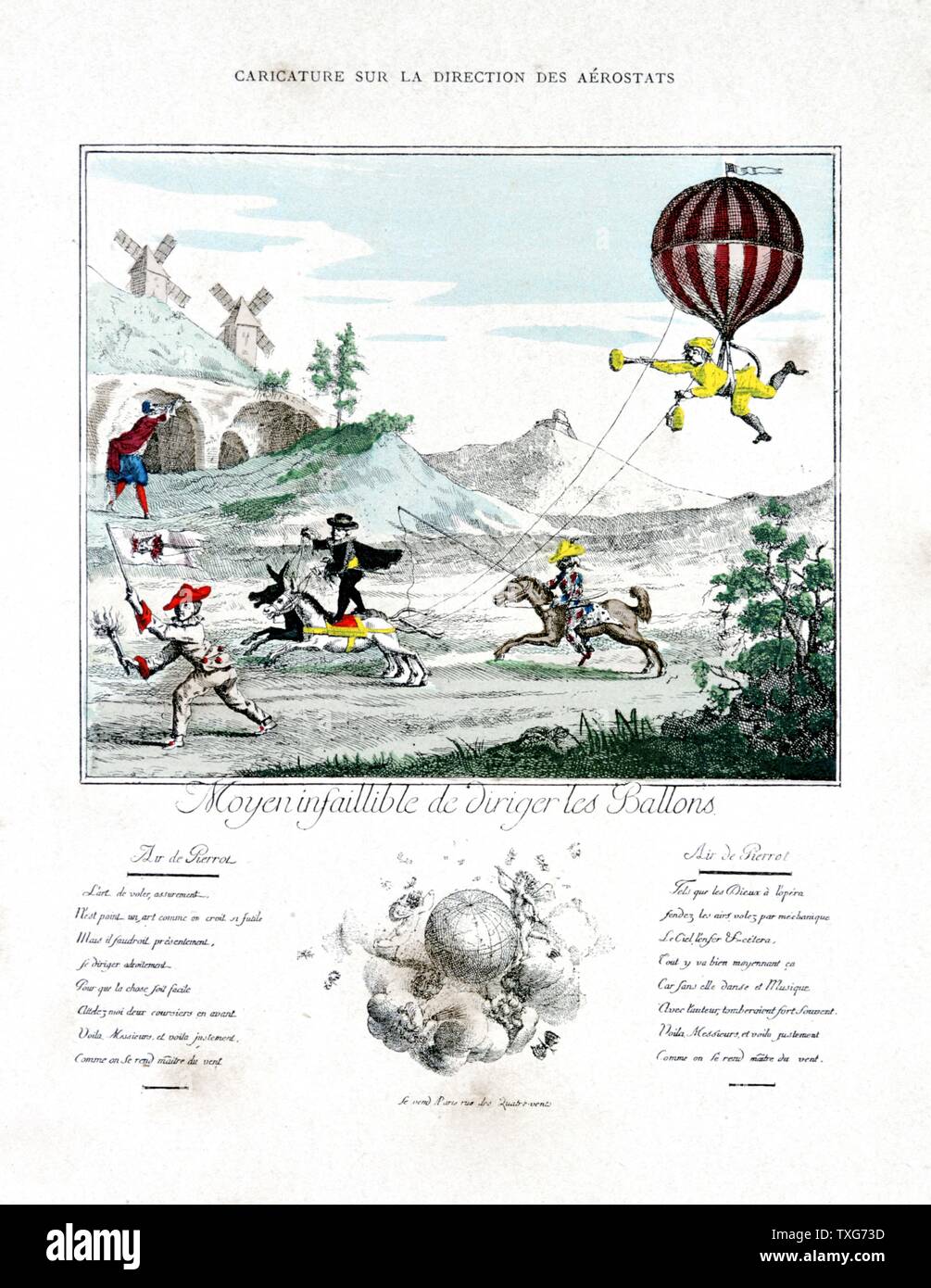 Dessin animé sur l'inablility français du début des aérostiers de contrôler l'orientation de leurs vols. Ici le ballon est tiré par des ânes. À partir de 'Histoire des ballons" par Gaston Tissandier, gravure de Paris Banque D'Images