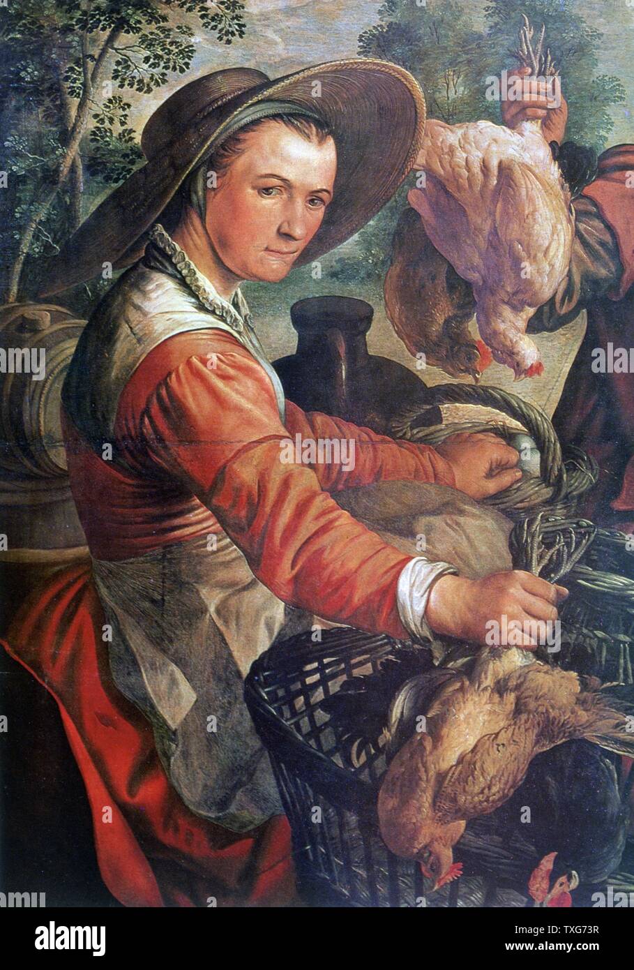 Joachim Beuckelar marché scolaire flamand (détail) - scène Paysanne au chapeau à large bord, un tablier sur robe rouge Huile sur bois Banque D'Images