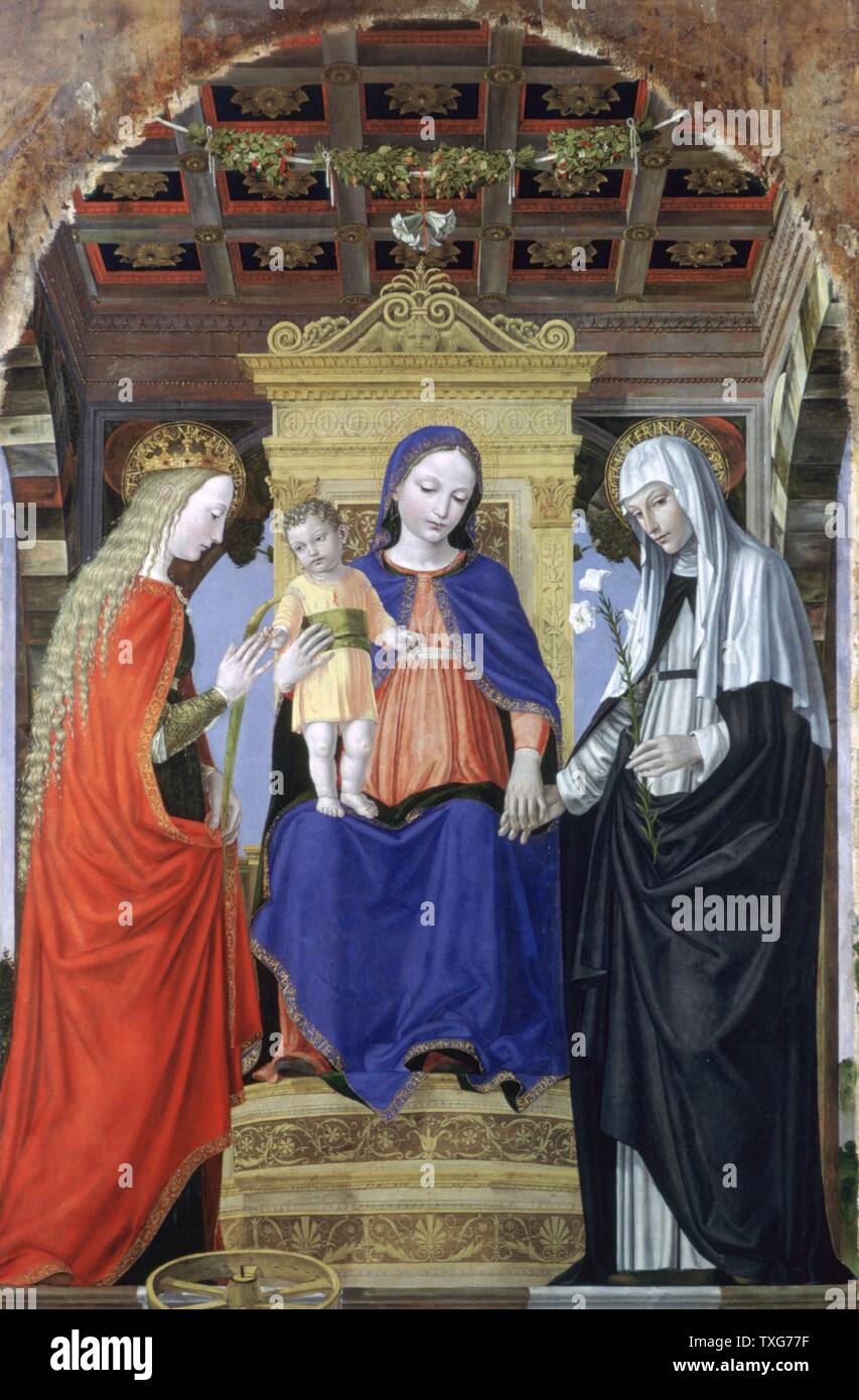 Ambrogio Bergognone école italienne la Vierge et l'enfant avec les saints - Vierge en robe bleue, intronisé, Catherine de Sienne (à droite), Catherine d'alexandrie (à gauche), huile sur peuplier Banque D'Images