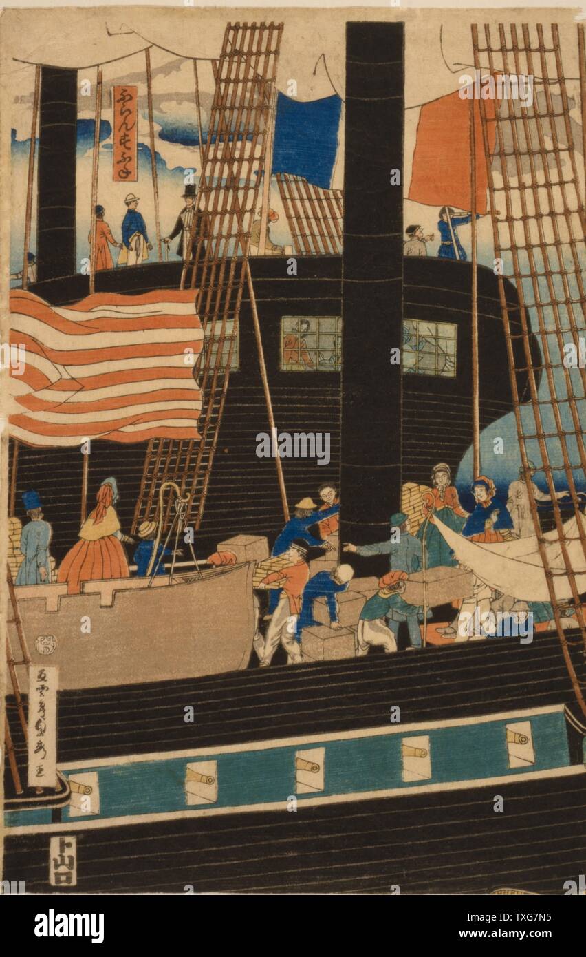 Utagawa Sadahide école japonaise Déchargement d'un navire américain dans le port de Yokohama, Japon Japonais sur bois Ukiyo-e artiste. United States Flag Rigging Animation Commerce Européen Banque D'Images