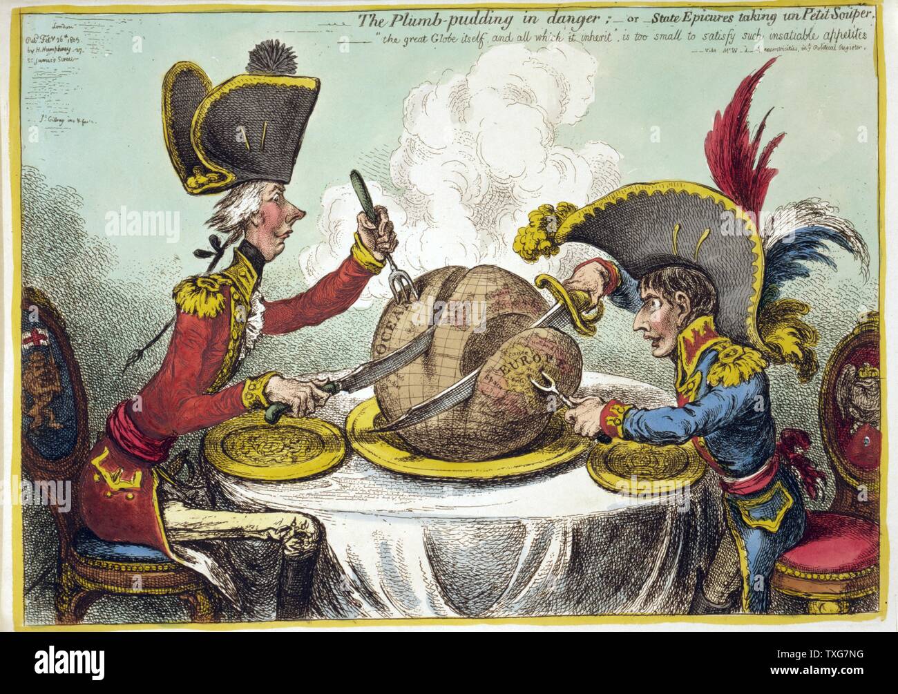 James Gillray British school Le Plum-pudding en danger : ... William Pitt le Jeune, Premier Ministre britannique, à gauche, et Napoléon Ier assis à table à manger de morceler le monde qui 'est trop petit pour satisfaire ces appétits insatiables' Banque D'Images