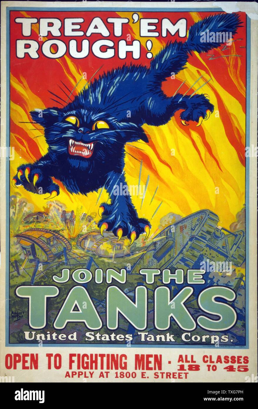 La Première Guerre mondiale USA affiche de recrutement de l'Armée de 'traiter 'Em Rough ! Inscrivez-vous les chars' - chat hargneux, avec toutes griffes dehors, à l'arrière-plan de flammes... Lithographie Banque D'Images