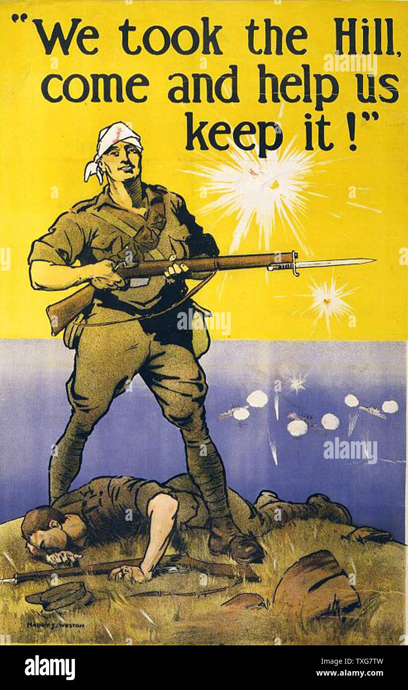 Nous avons pris la colline, venez nous aider à le garder ! La Première Guerre mondiale, l'Australie affiche de recrutement, 1915, peut-être parler de campagne de Gallipoli (Dardanelles). H J Watson (1874-1938) artiste australienne. Soldat blessé bombardement de la Mer Morte Banque D'Images