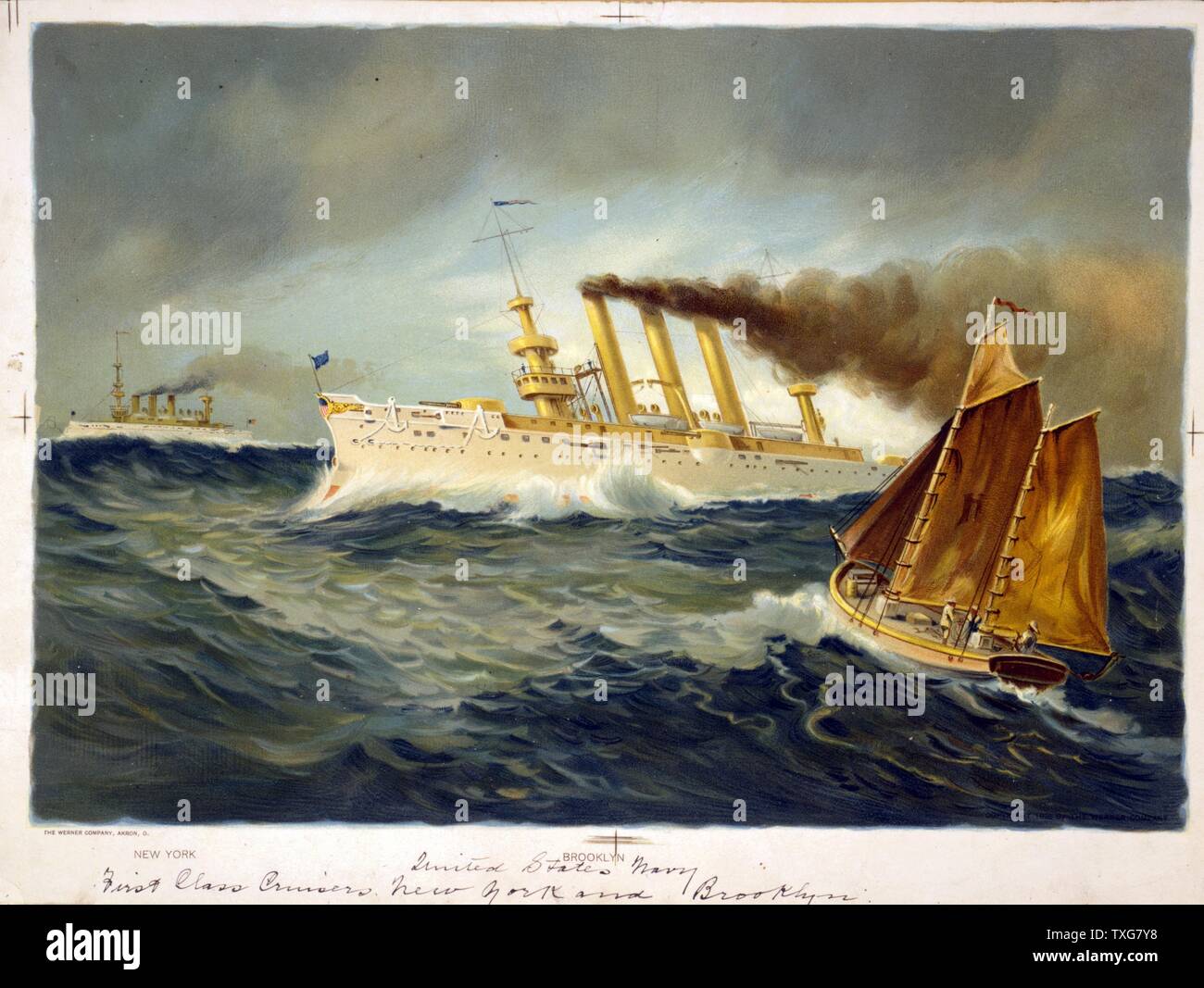 Guerre hispano-américaine 1898 : US Navy cuirassés "New York", à gauche, et 'Brooklyn' Chromolithographie Banque D'Images