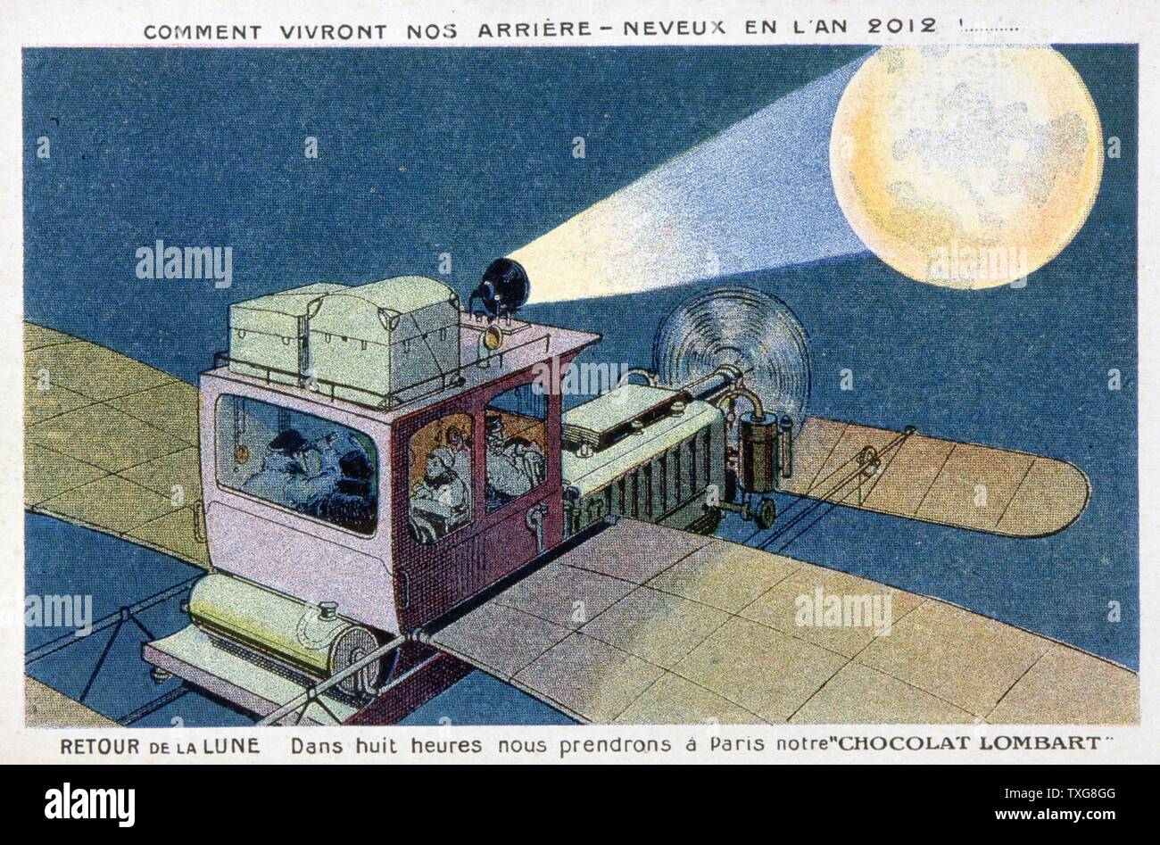 Carte du commerce de voyage à la mode d'imaginer en 2012. Retour à la Lune dans un biplan privé. En huit heures, il a été possible d'aller à Paris et acheter 'chocolat' Lombard Banque D'Images