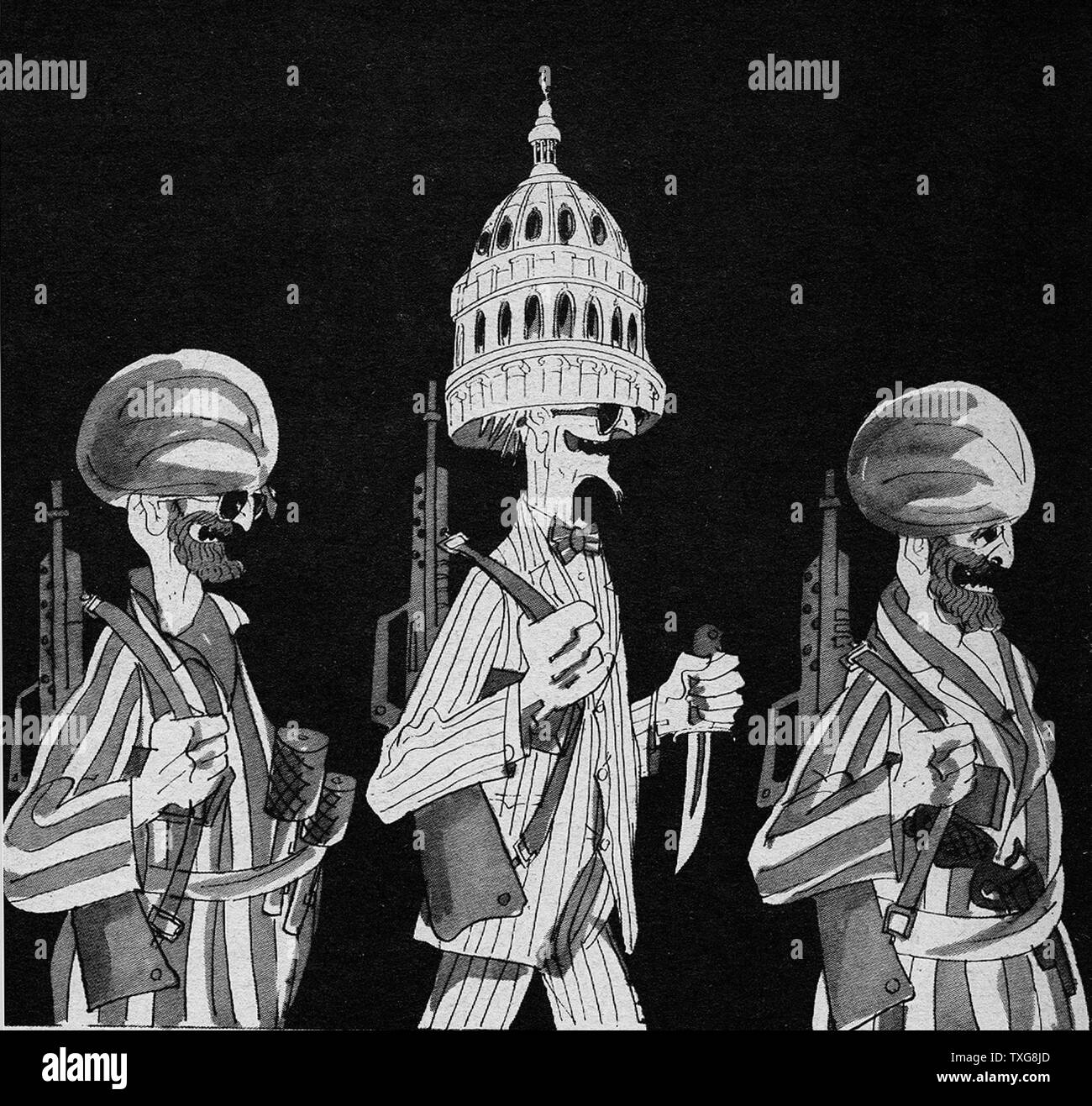 Dessin animé russe soviétique à propos de nous soutien pour les moudjahidin dans la guerre en Afghanistan (1978-1987) Banque D'Images