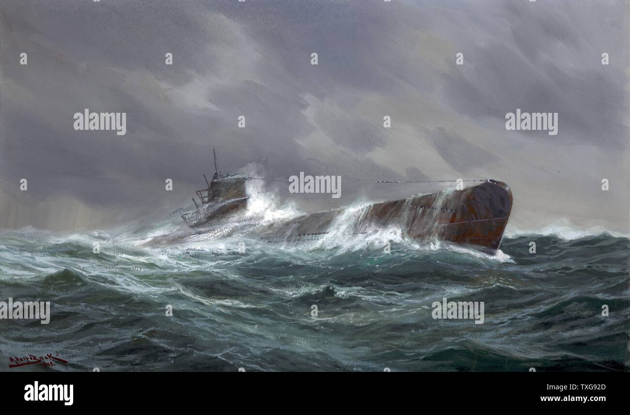 Adolf Bock école allemande de la Seconde Guerre mondiale : 'Submarine en mer. La marine allemande U-boat voyageant sur la surface dans une mer agitée, les membres d'équipage sur tourelle de peinture Banque D'Images