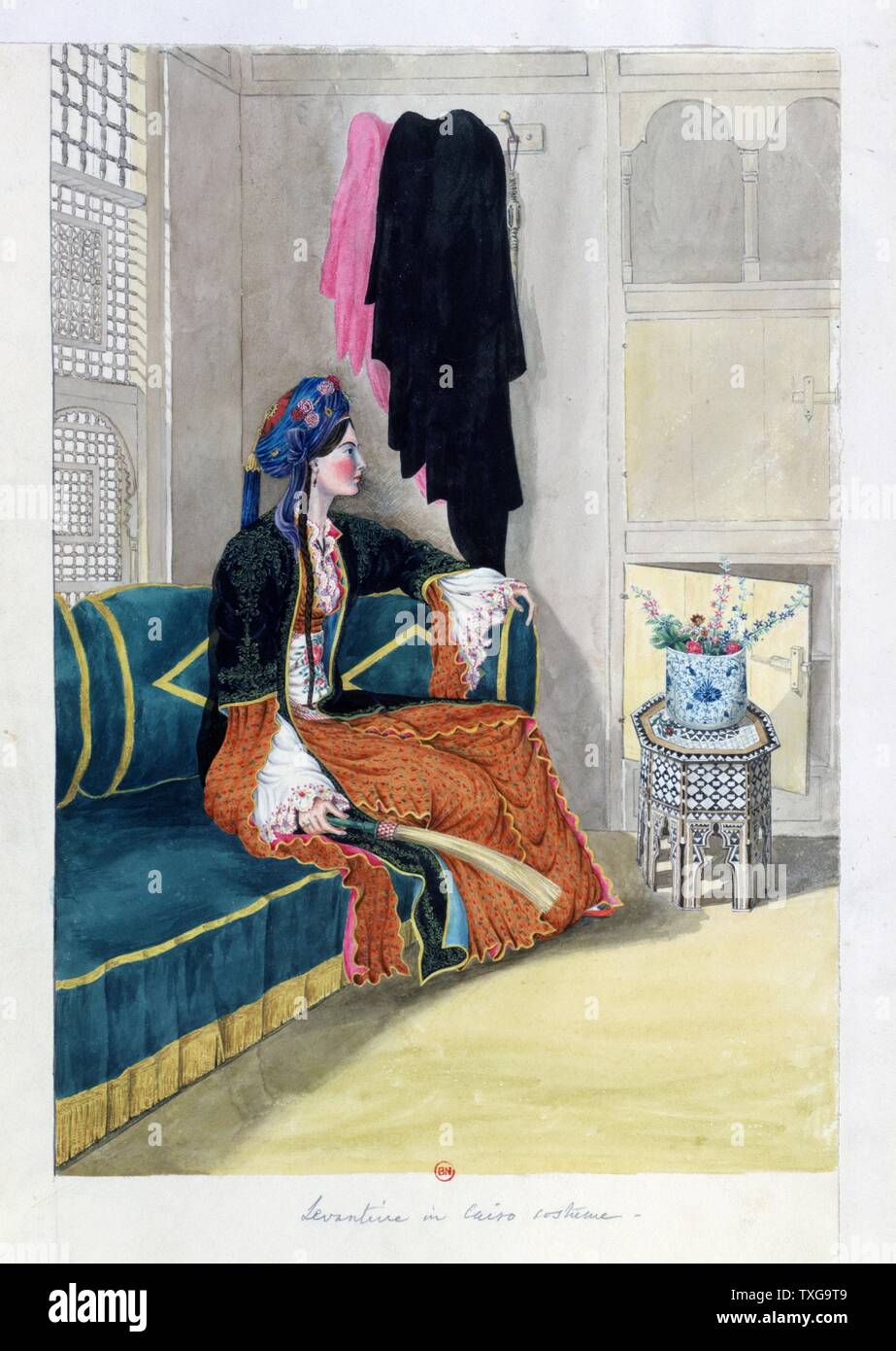John Gardner Wilkinson British school Levantine au Caire - Costume femme de profil tenant un fouet voler assis sur le divan avec retour à la fenêtre. Aquarelle Banque D'Images