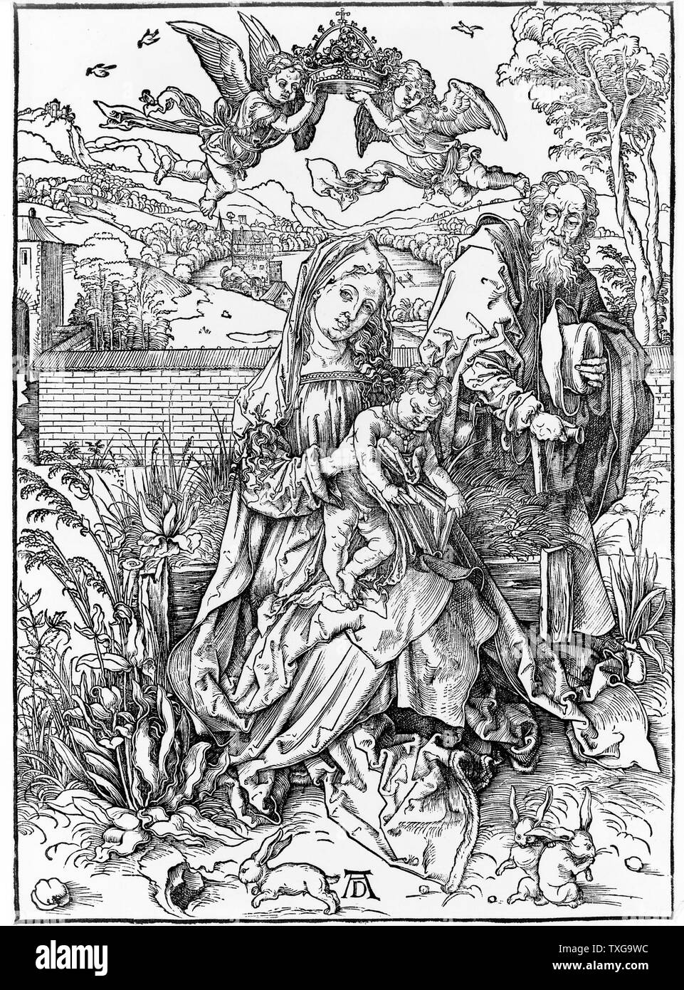 Albrecht Dürer école allemande la Vierge à l'enfant tenant un livre de gravures sur bois Banque D'Images