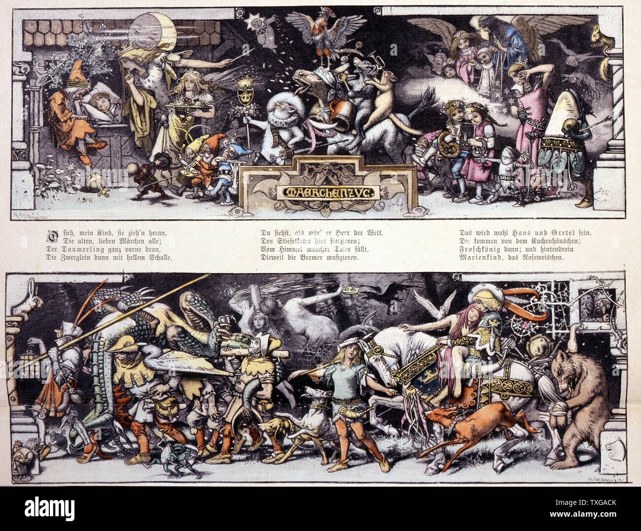Märchenzug. L'illustration montre une procession de personnages de contes de fées dont le Chat Botté, les musiciens de Brême, et Hansel et Gretel. Par Hermann Vogel. Banque D'Images