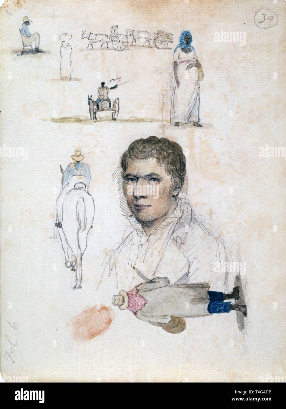 Huit petits dessins, y compris portrait, études de figures, des charrettes. Par William Berryman. Banque D'Images
