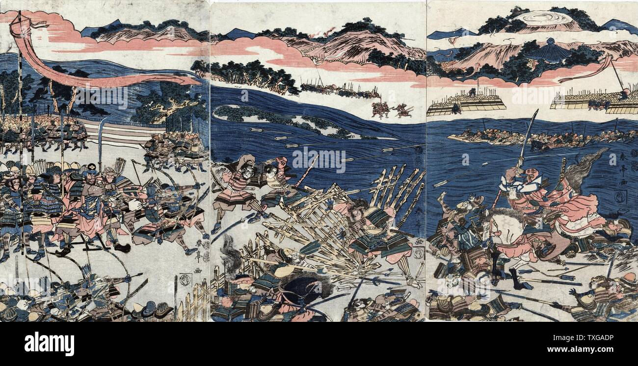 L'école japonaise Katsukawa Shuntei Bataille de Kawanakajima, 4e bataille en 1561, sur les plaines de la rivière Chikuma. La lutte contre les armées. Gravure sur bois Banque D'Images
