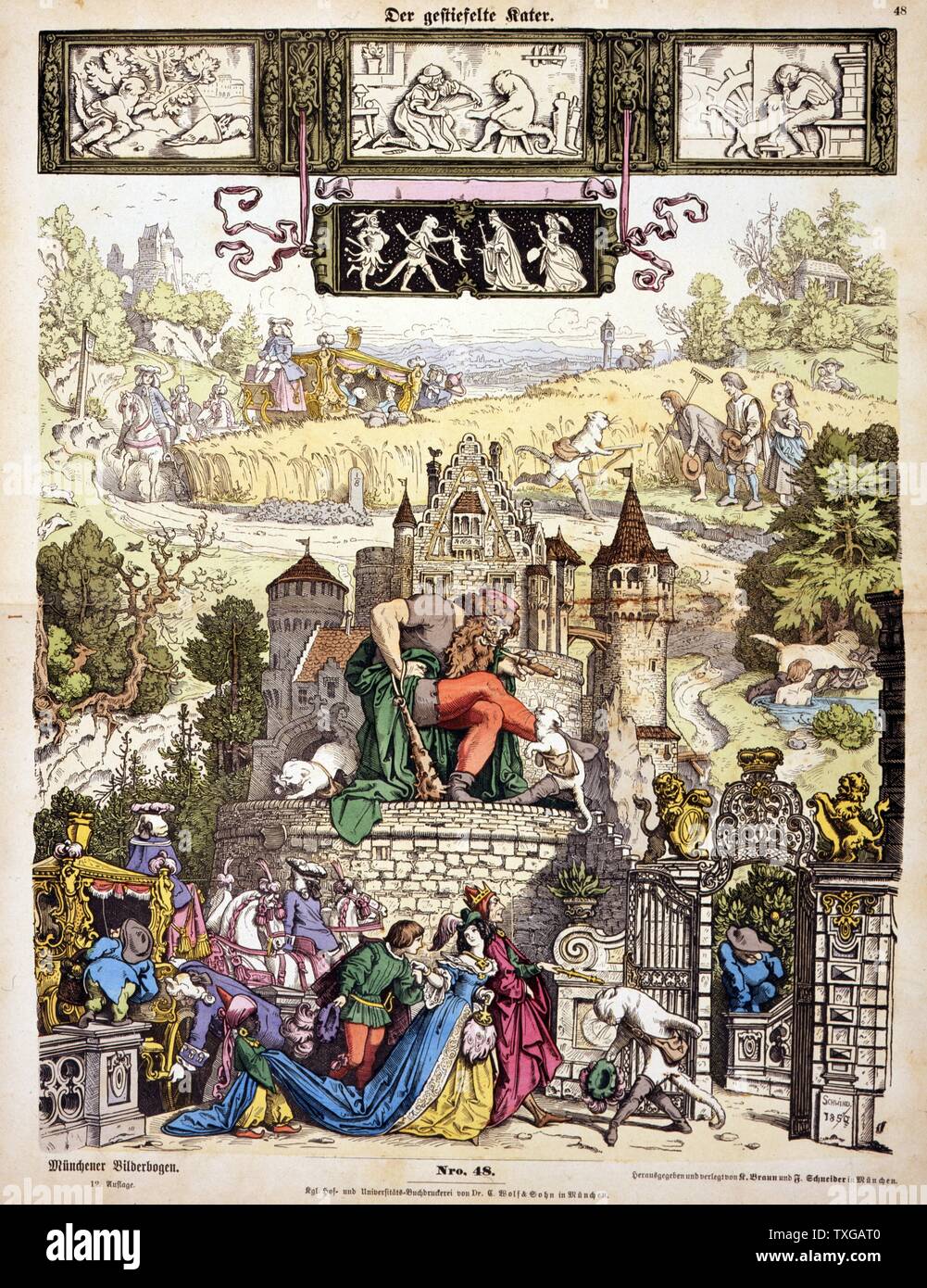Chat botté, Allemagne. L'illustration montre des scènes du conte de fées. Par Moritz von Schwind. Banque D'Images