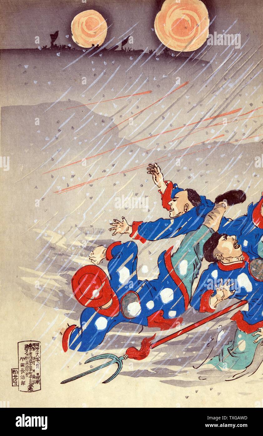 Dans une tempête d'attaque sur la falaise à 100 Shaku Weihaiwei Bay. Imprimer montre un officier japonais à cheval les combats avec de nombreux soldats chinois près de Weihaiwei, pendant une tempête. Banque D'Images Dans une tempête d'attaque sur la falaise à 100 Shaku Weihaiwei Bay. Imprimer montre un officier japonais à cheval les combats avec de nombreux soldats chinois près de Weihaiwei, pendant une tempête. Banque D'Images