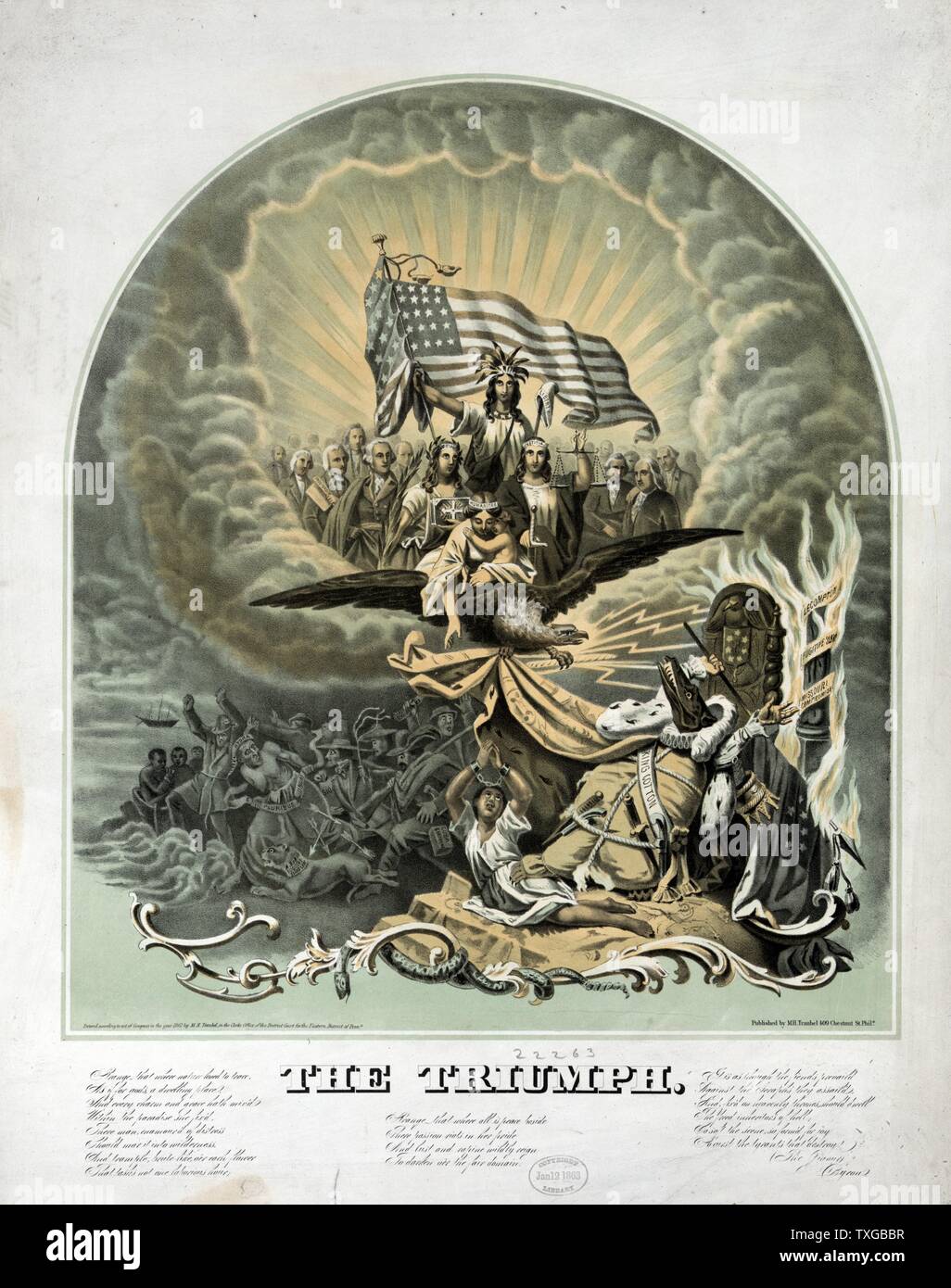 Allégorie de la guerre civile américaine : triomphe par Morris Traubel, 1820-1897.Publié c1861 : un grand, d'élaborer la prévision de l'allégorie du triomphe de l'Union européenne sur les forces sombres de la Confédération et le roi coton. Une clé publiée accompagnant la imprimer décrit la sécession du Sud en termes moralisateurs fortement, comme le fonctionnement d'un insidieux des droits de l'hydre de la discorde, géniteur de trahison et de rébellion Banque D'Images