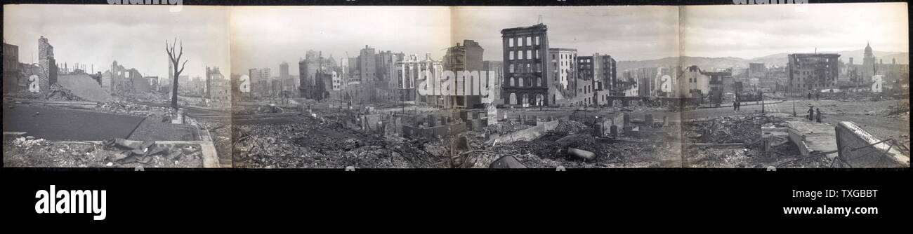 Panorama de San Francisco à partir de California Street - Hill. Montre la destruction après le séisme. Banque D'Images