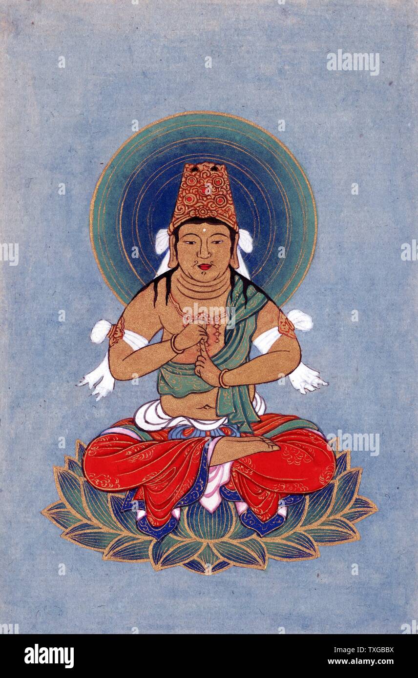 La figure religieuse, peut-être, Bouddha assis sur un lotus, face à l'avant, avec halo bleu-vert derrière sa tête 1878 Banque D'Images