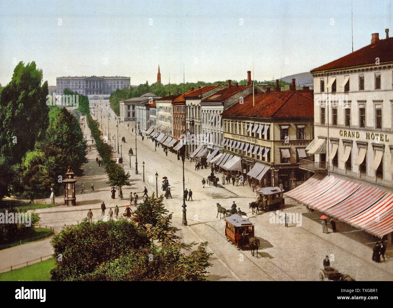 Carl Johan's gade avec Grand Hotel, Oslo (Norvège), 1890 Christiania Banque D'Images