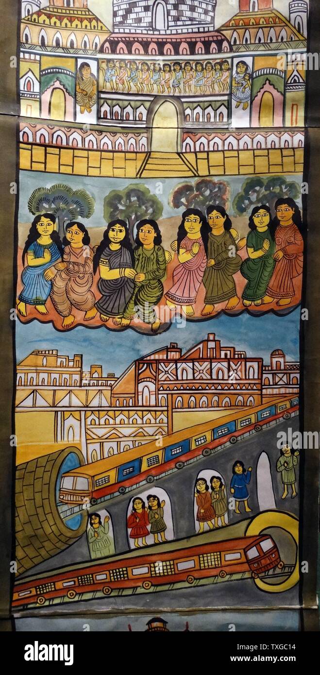 Marouflage de couleurs vives représentant le métro de Kolkata (Calcutta) Métro par Madhu Chitrakar, artiste. Datée 2003 Banque D'Images