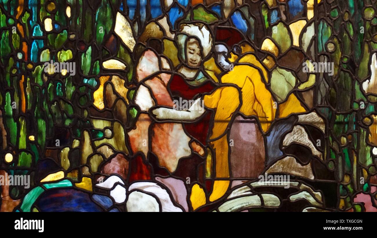 Triptyque de vitraux intitulée 'La piscine bleue' par Joaquin Mir Trinxet (1873-1940) artiste Espagnol Catalan. Datée 1911 Banque D'Images