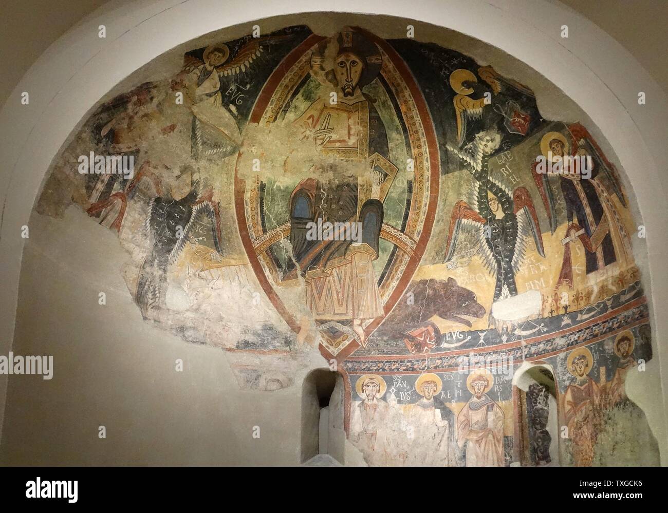 Détail des fresques de l'abside de Saint Michael Marmellar, Palais National, Barcelone, Espagne. En date du 12e siècle. Banque D'Images