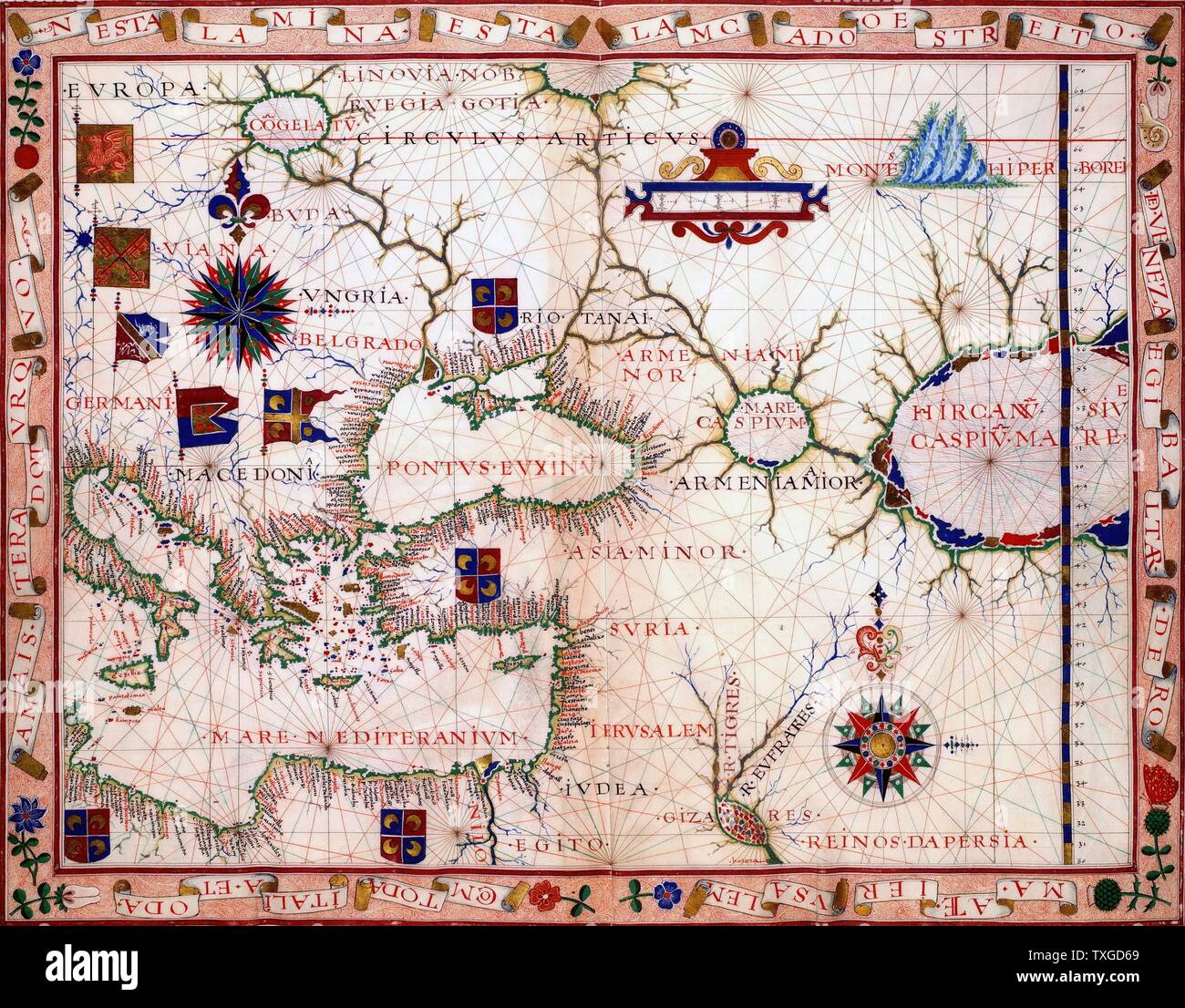 La carte du proche orient par Fernão Vaz Dourado (ch. 1520 - c. 1580), un cartographe portugais du seizième siècle. Il appartenait à la troisième période de l'ancien portugais en cartographie marine, qui se caractérise par l'abandon de l'influence de Ptolémée dans la représentation de l'Orient et l'introduction d'une meilleure précision dans la représentation des terres et continents. On sait peu de choses sur ce personnage historique. 1570 Banque D'Images