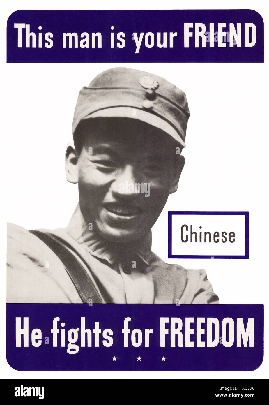 Seconde Guerre mondiale patriotique affiche représentant un chinois allié américain. 1943 Banque D'Images