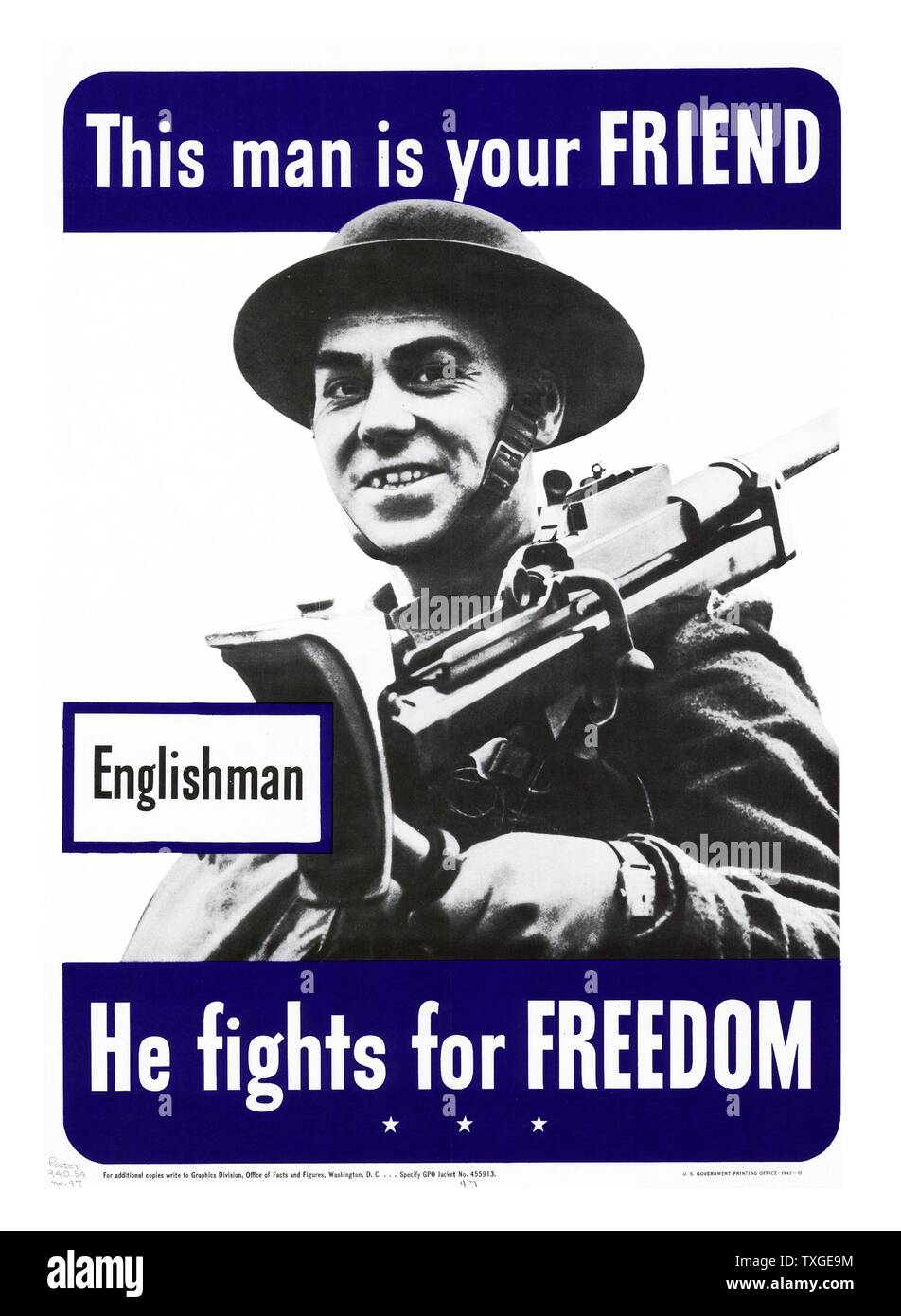 Seconde Guerre mondiale patriotique affiche représentant un anglais allié américain. Datée 1943 Banque D'Images