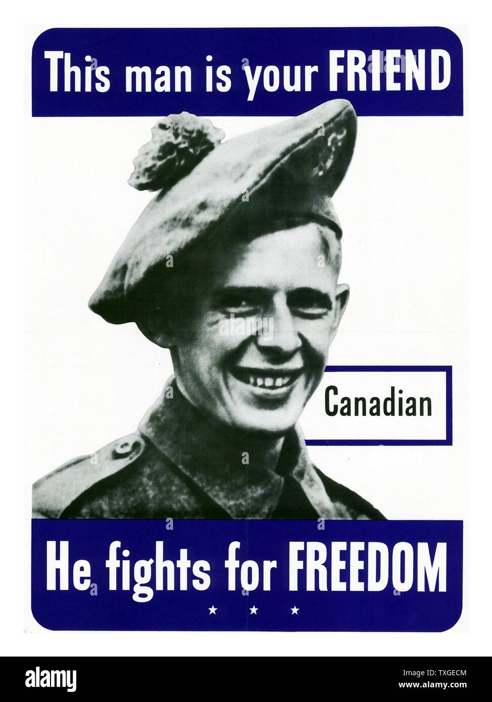 Seconde Guerre mondiale patriotique affiche représentant un allié américain canadien. Datée 1943 Banque D'Images