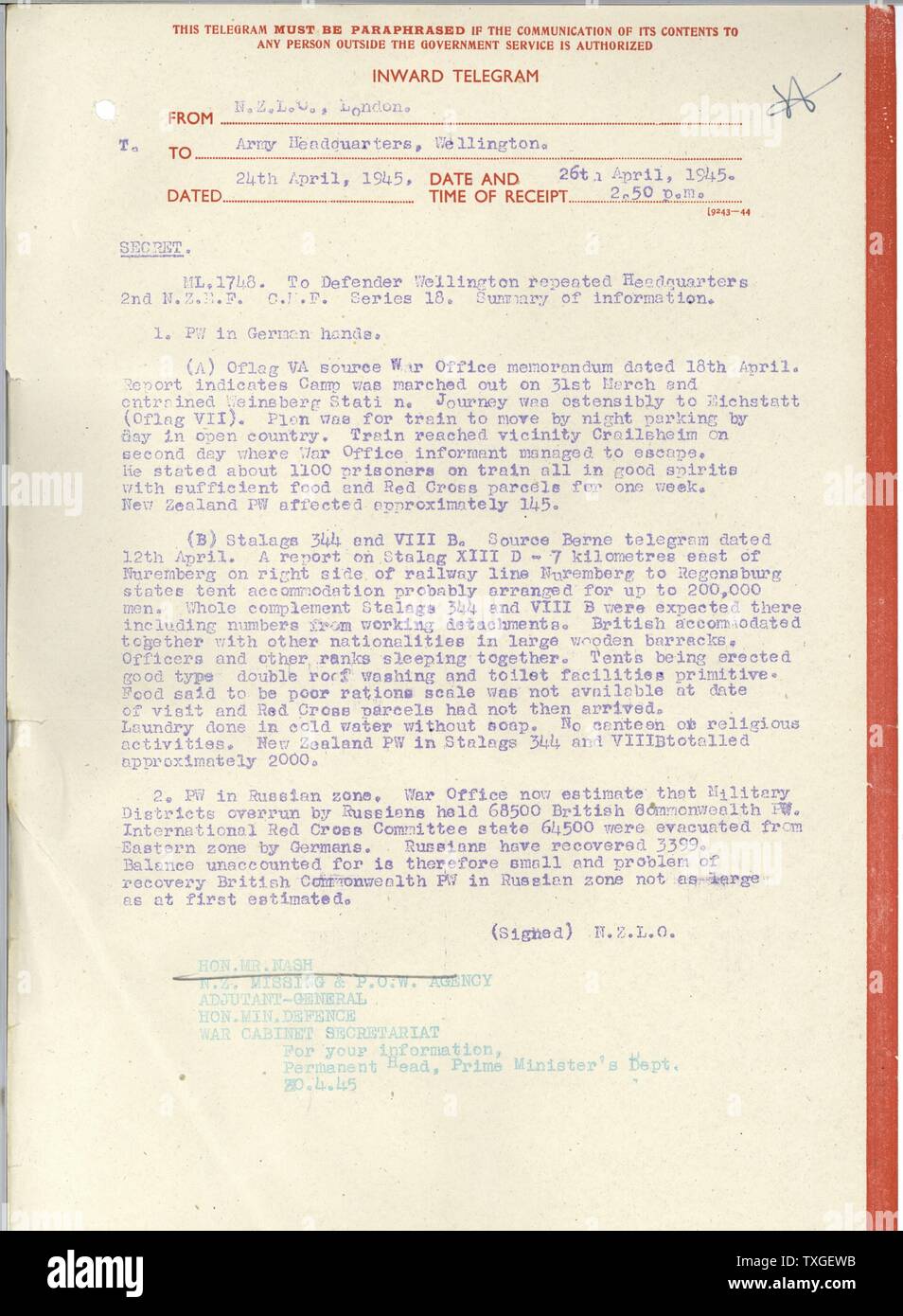 La seconde guerre mondiale télégramme du représentant militaire de la Nouvelle-Zélande à Londres, à l'état-major de l'armée à Wellington, en Nouvelle-Zélande, au sujet de la Nouvelle Zélande, les prisonniers de guerre en Allemagne. 1945 Banque D'Images