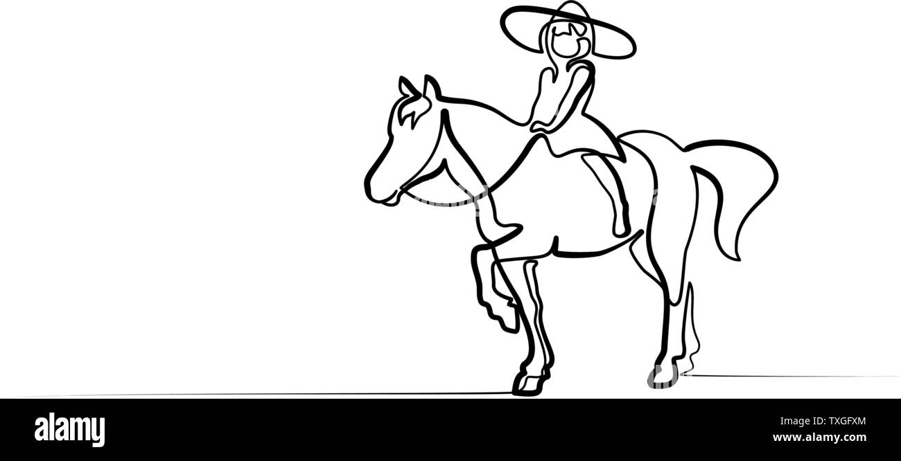 Dessin d'une ligne continue. Petite fille à cheval. Vector illustration noir et blanc. Concept de logo, bannière, carte, affiche, flyer Illustration de Vecteur